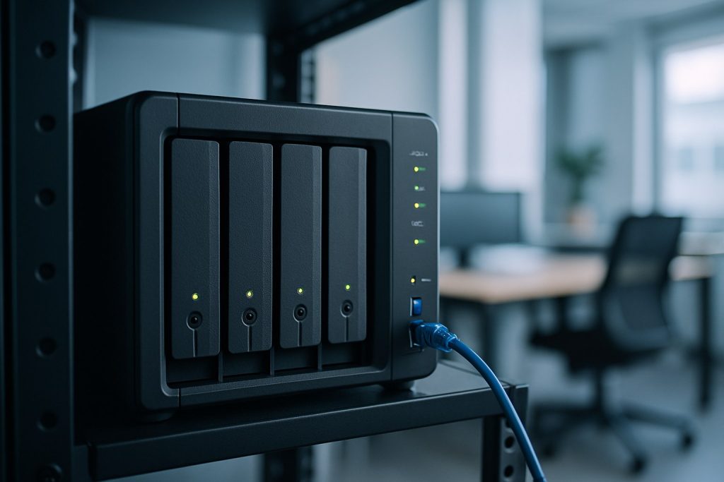 Servidor NAS de cuatro bahías instalado en el rack de una oficina